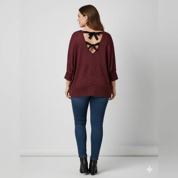 By & By Women's Burgundy Red 3/4 Sleeve Shimmery Semi-Sheer Top Size XL - Picture 7 of 10